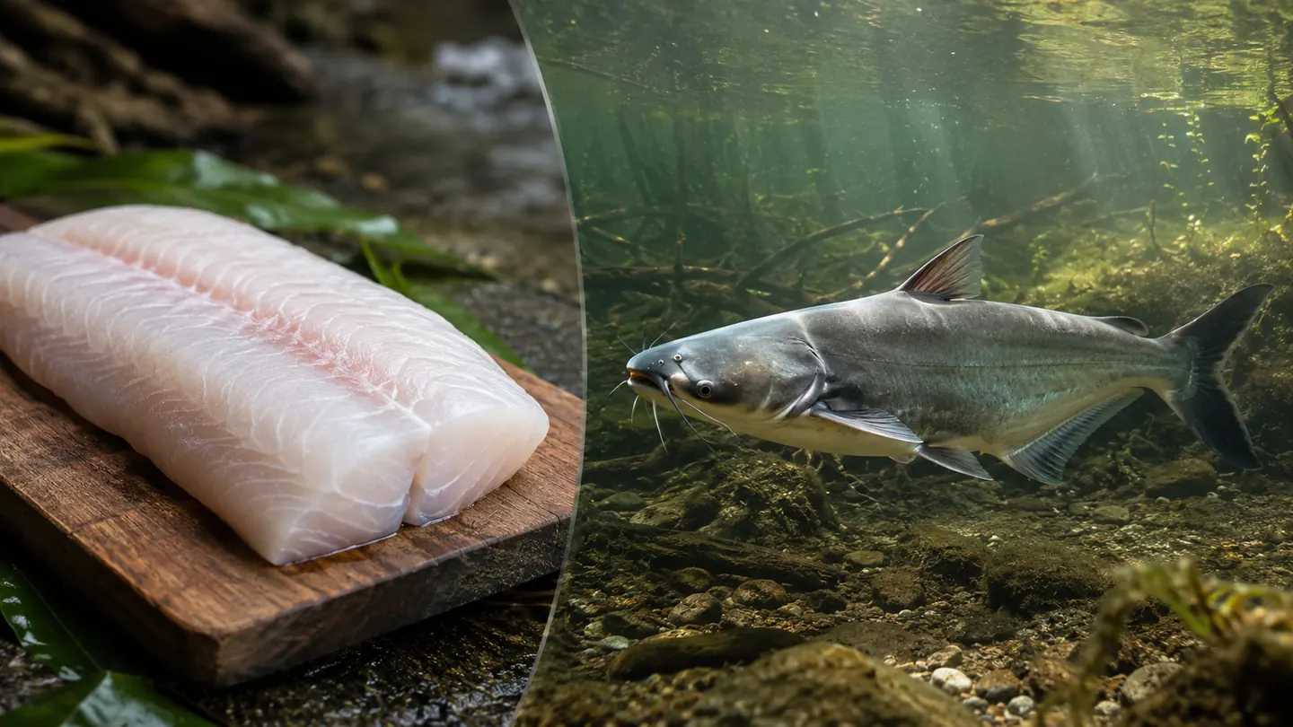 Fillet ikan putih di atas talenan, di sampingnya ikan patin hidup di air