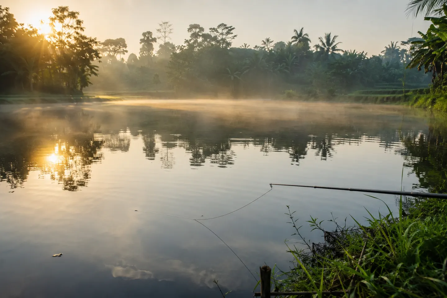 Kolam pemancingan yang tenang saat pagi berkabut