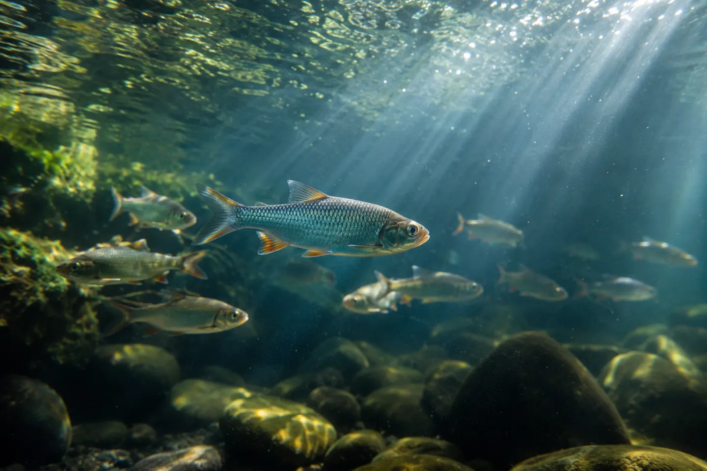 Gerombolan ikan air tawar berenang di antara cahaya matahari yang menembus permukaan sungai